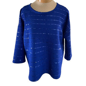 Cure Blue Sequin Ribbed Top Large Women's 3/4 Sleeve Stretch Pullover New